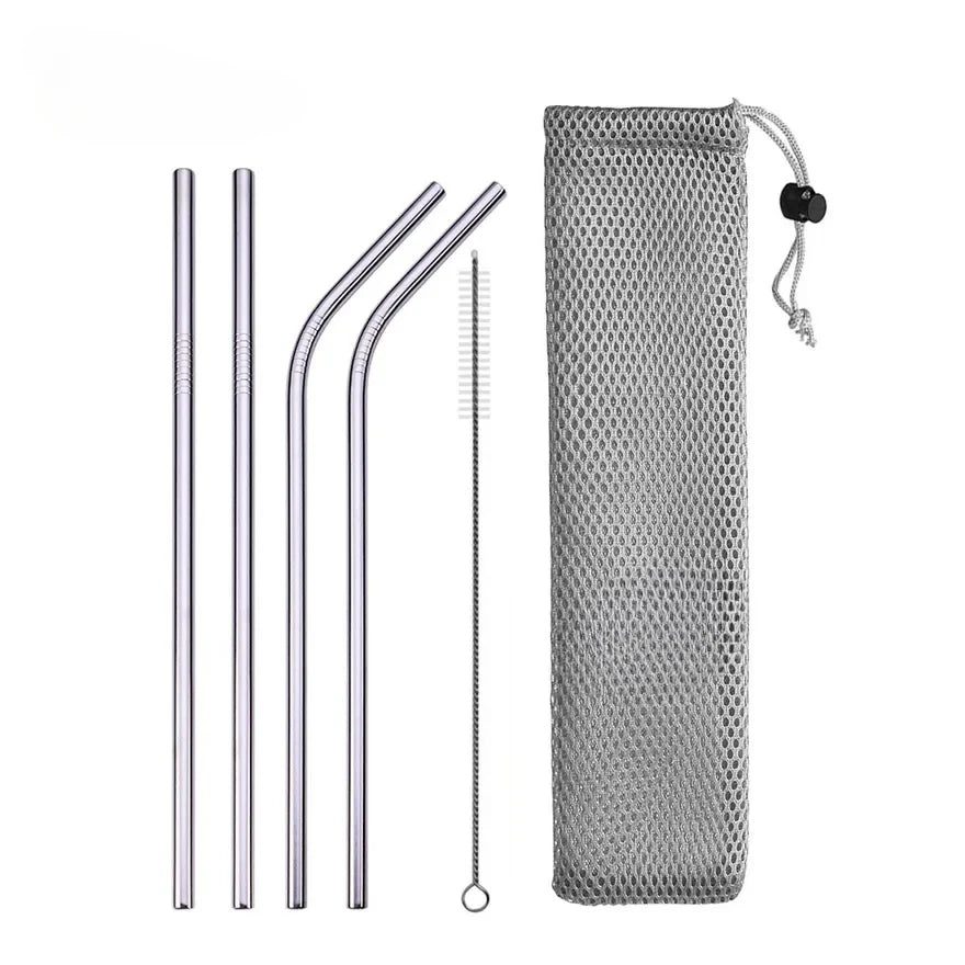Kit Canudos Reutilizáveis — Aço Inox 304 com Escova de Limpeza