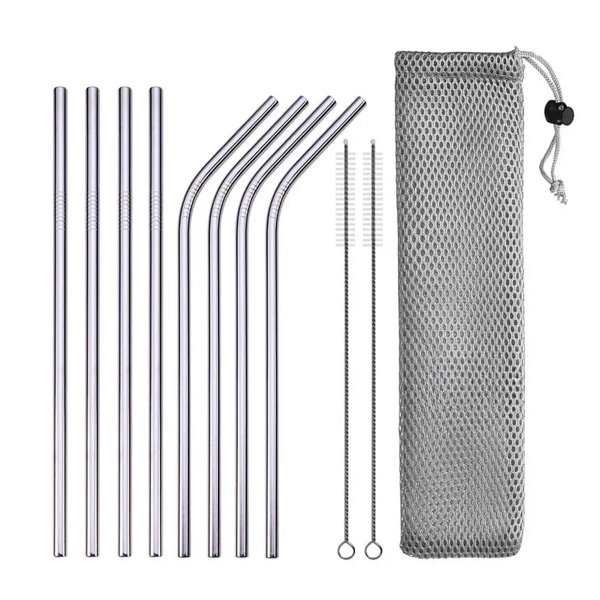 Kit Canudos Reutilizáveis — Aço Inox 304 com Escova de Limpeza
